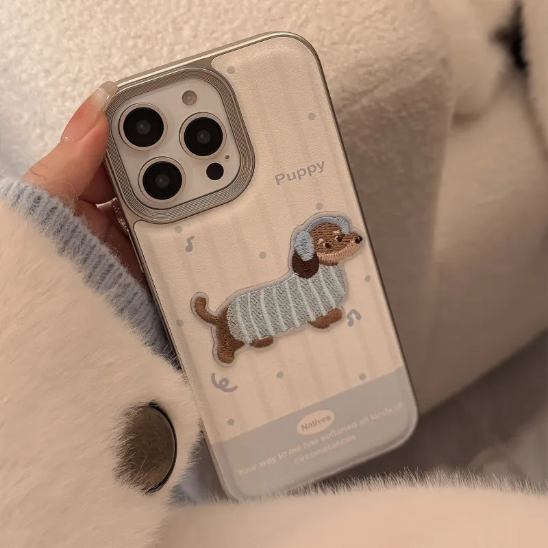 QIZHENG ABS+PC Material Milk Blue Cute Embroidery Puppy Phone Case Compatible With Apple 16 Pro Max/15/14/13/12/11-5