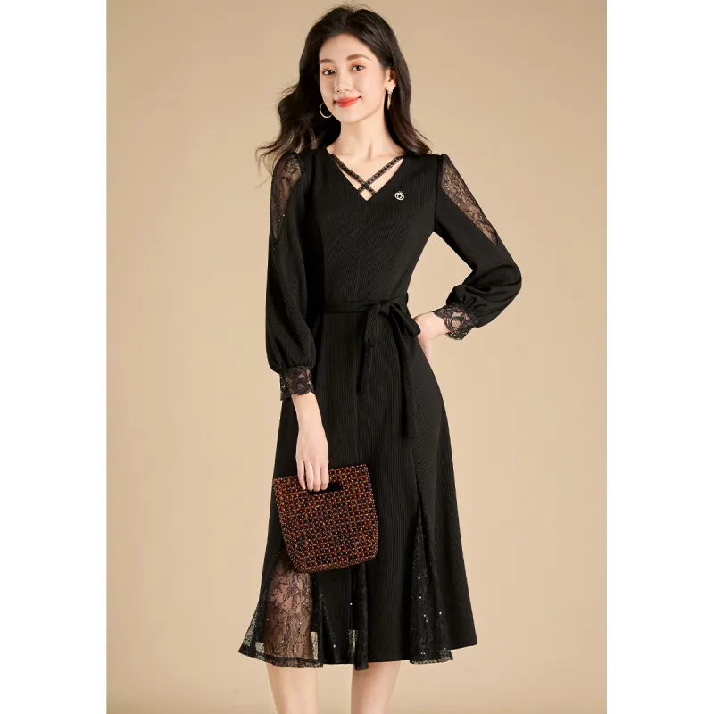 Mylan Spring, Fall Long Sleeved Dress Cinched Waist Women's Black Collection Brand, Get Activity Alerts In Real Time-1