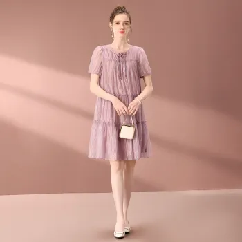 FENHONGMALI 2025 Spring Summer Short Sleeved Dress Loose Fit Women's Purple