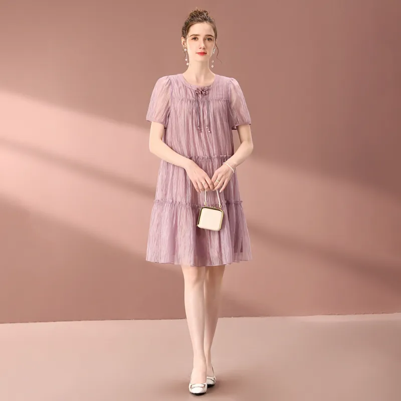 FENHONGMALI 2025 Spring Summer Short Sleeved Dress Loose Fit Women's Purple-0