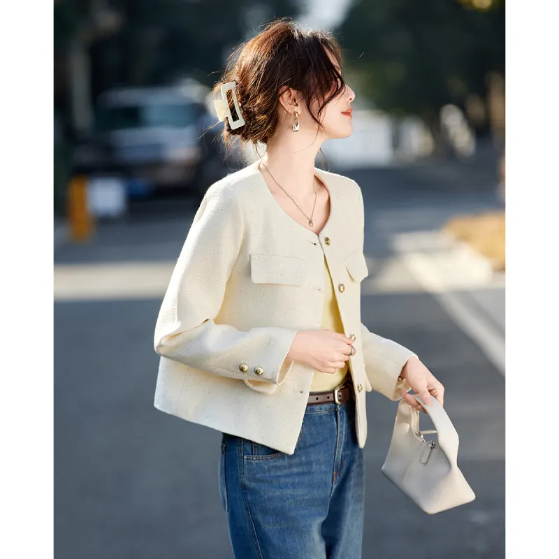 TERRE BLEUE Spring Fall Cropped Coats Loose Fit Women's Beige-5