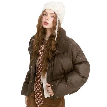 ELF SACK Vintage Coffee Brown Cropped Puffer Jacket Women's