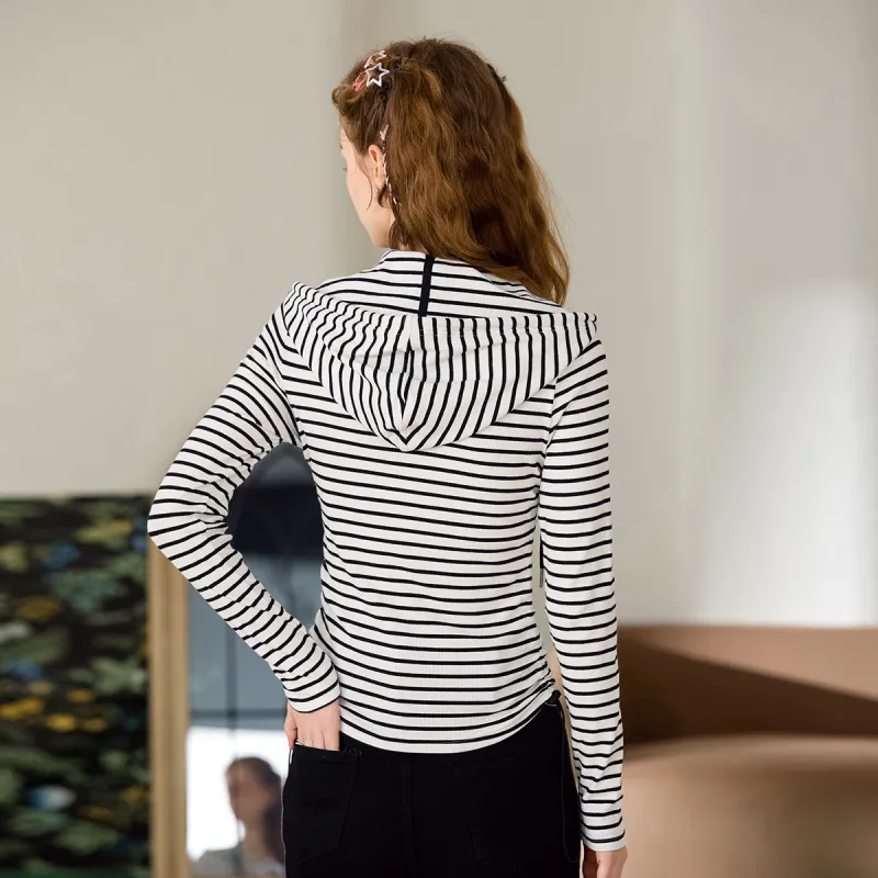 FAWENXIANGZI Spring, Fall Regular T Shirt Women's Black White Stripes Slim Fit-4
