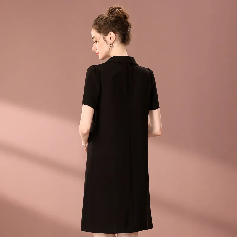 FENHONGMALI Spring, Summer, Fall Short Sleeved Dress Loose Fit Women's Black-5