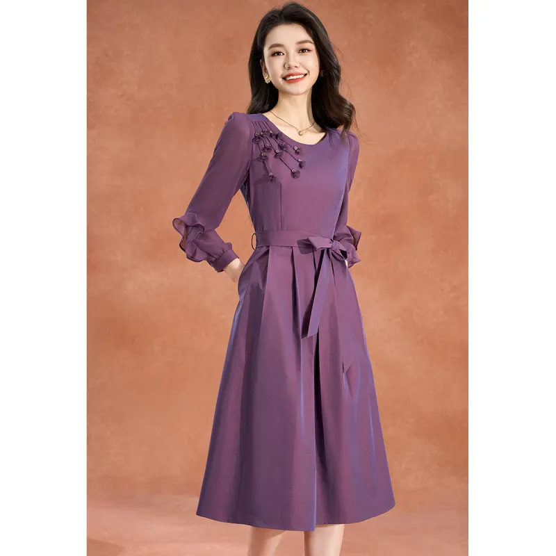 Mylan Spring, Summer, Fall Long Sleeved Dress Cinched Waist Women's Purple-7