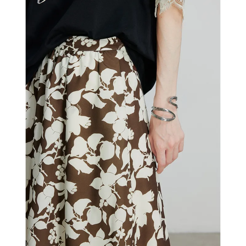 Initial Language Casual Long Skirts Women's White Coffee Flower-4