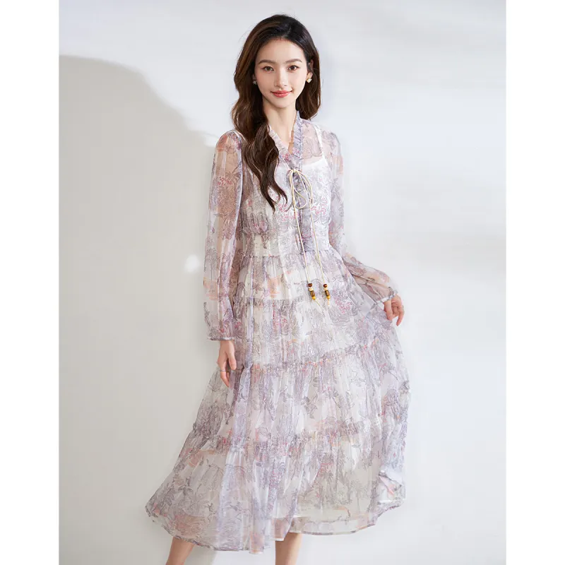Love Elaine Long Sleeved Dress Women's Floating Clouds And Crane-4