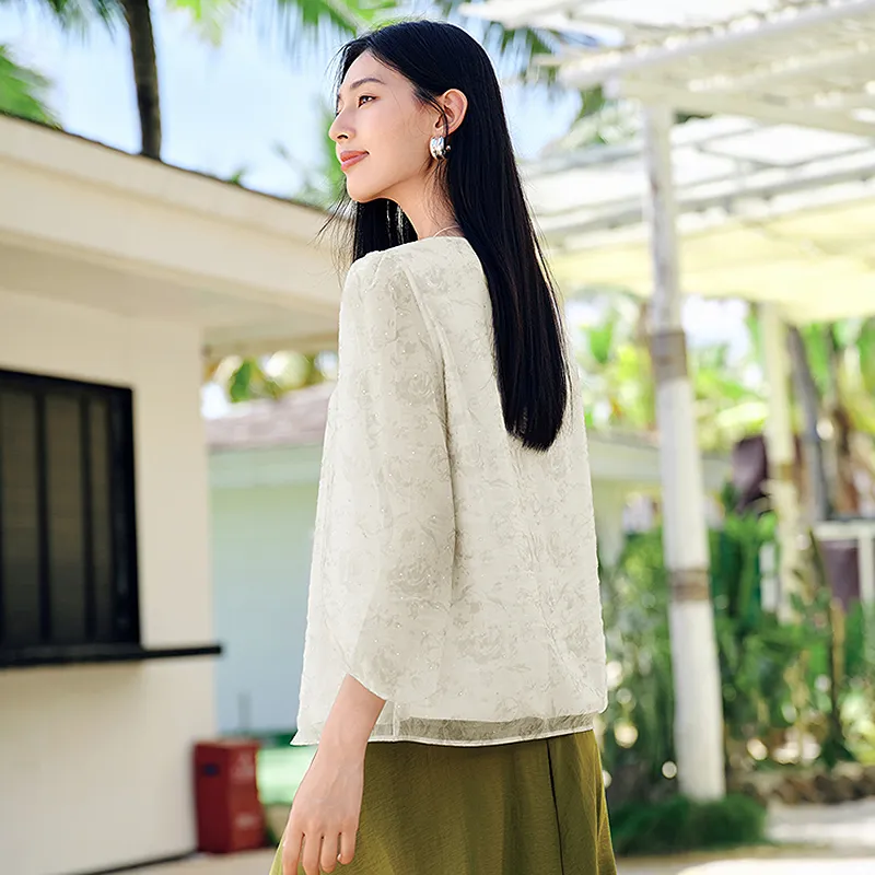 JZ. ANNAKRO Chiffon Shirt Women's Floral Light Beige-3