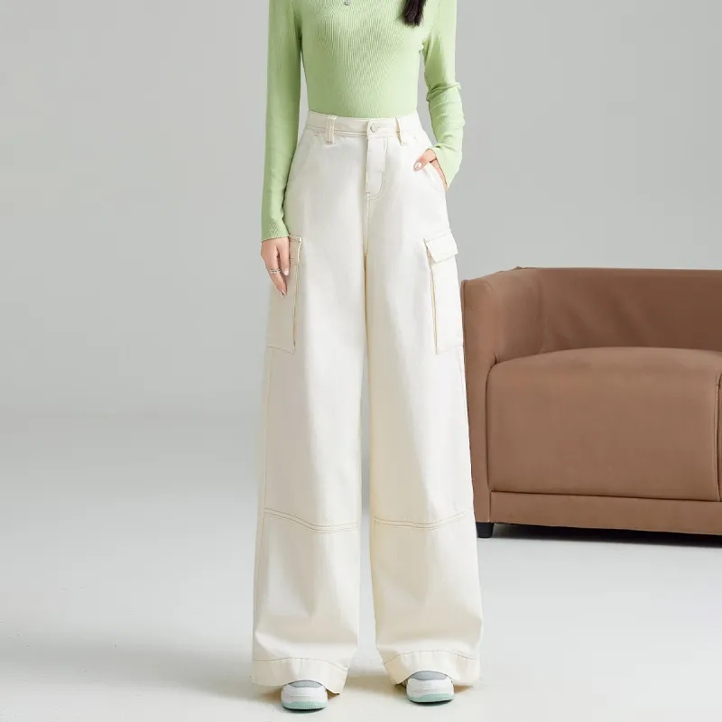 FAWENXIANGZI Spring, Fall, Winter Casual Pants Loose Fit Women's Ecru-6