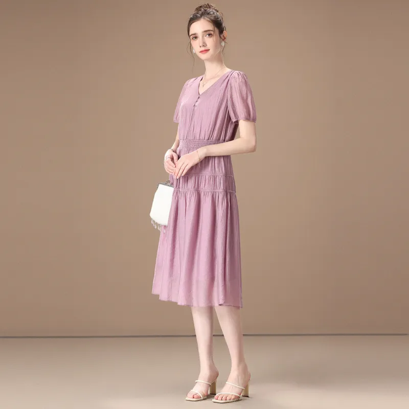 FENHONGMALI Spring Short Sleeved Dresses Cinched Waist Women's Purple-2