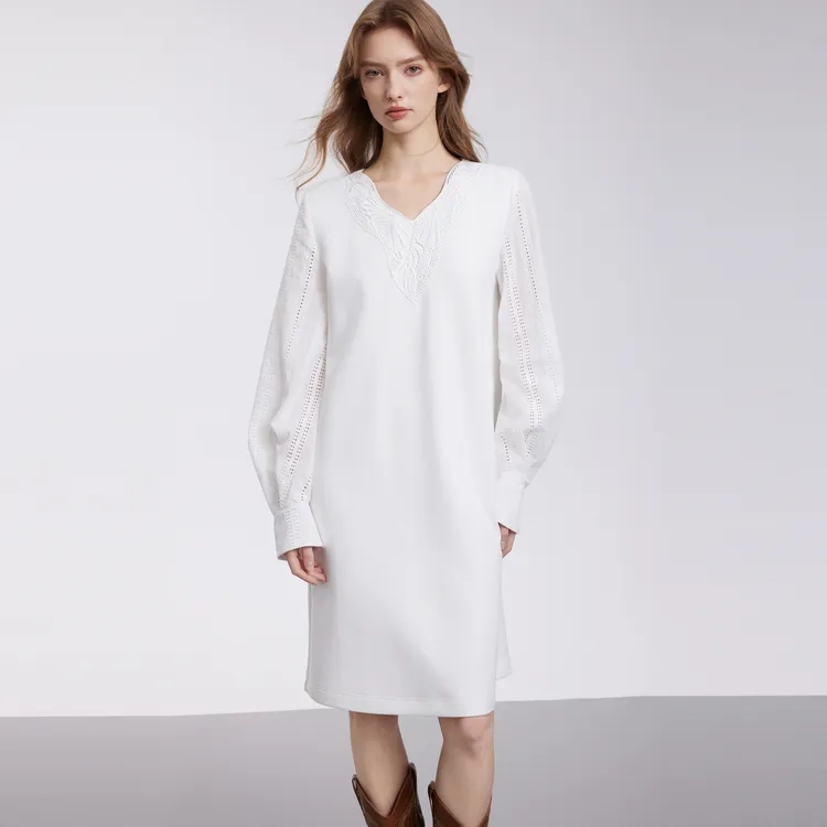 ELLE Long Sleeved Dresses Women's White-4