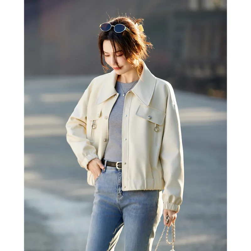 TERRE BLEUE Leather Jacket Women's Ecru-3