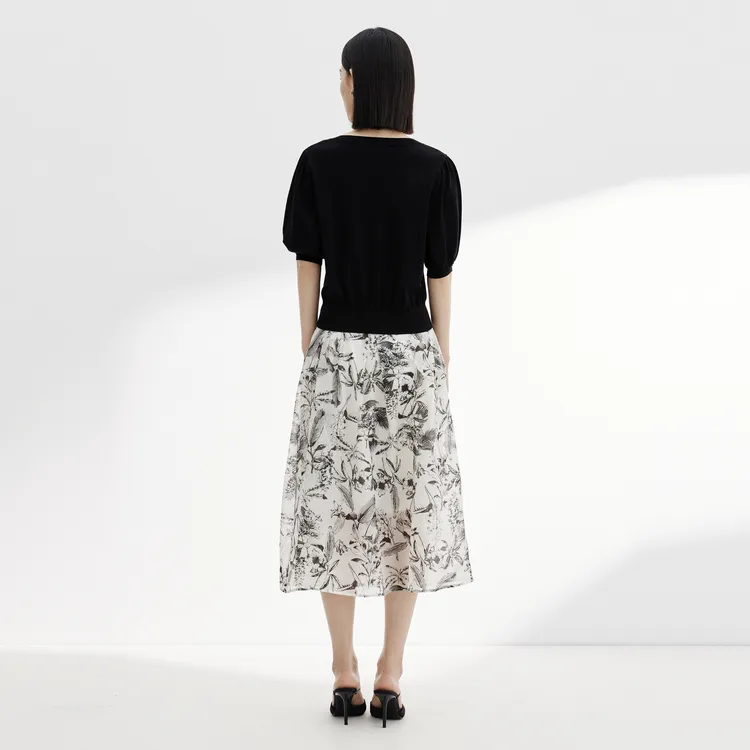 SHUIYUNJIAN Casual Long Skirt Women's Black Floral-4