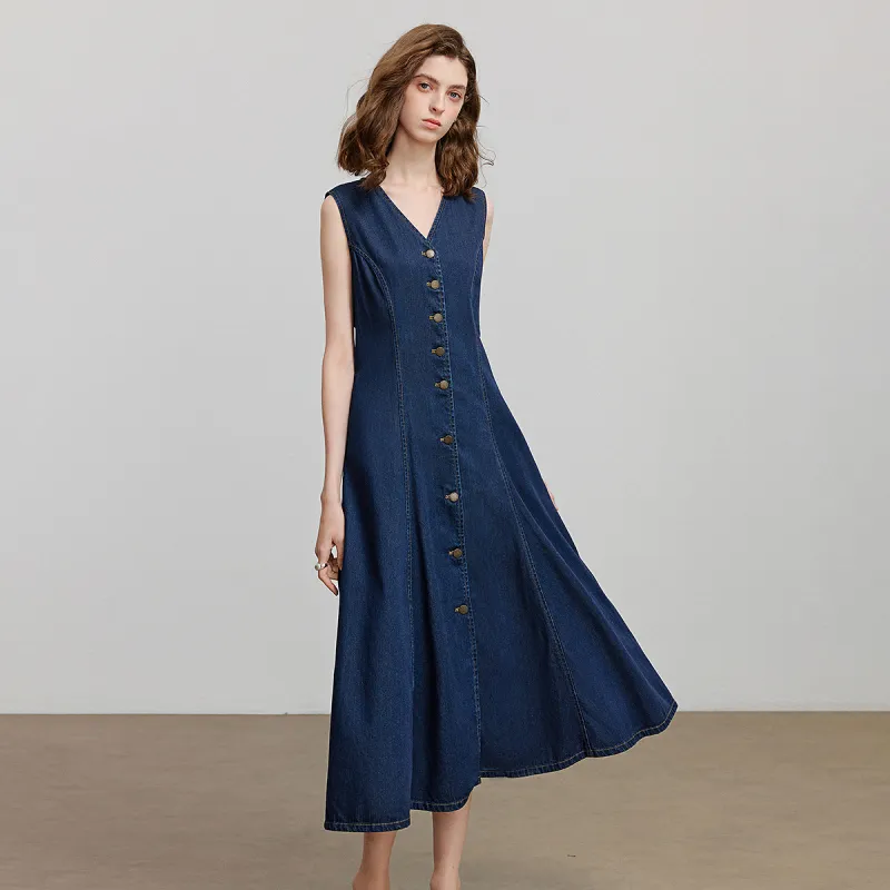 Initial Language Sleeveless Dress Women's Dark Blue-3