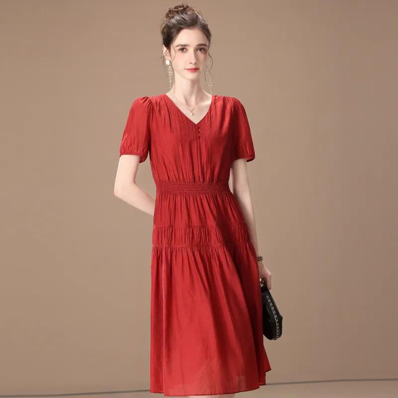 FENHONGMALI Short Sleeved Dresses Women's Red-2