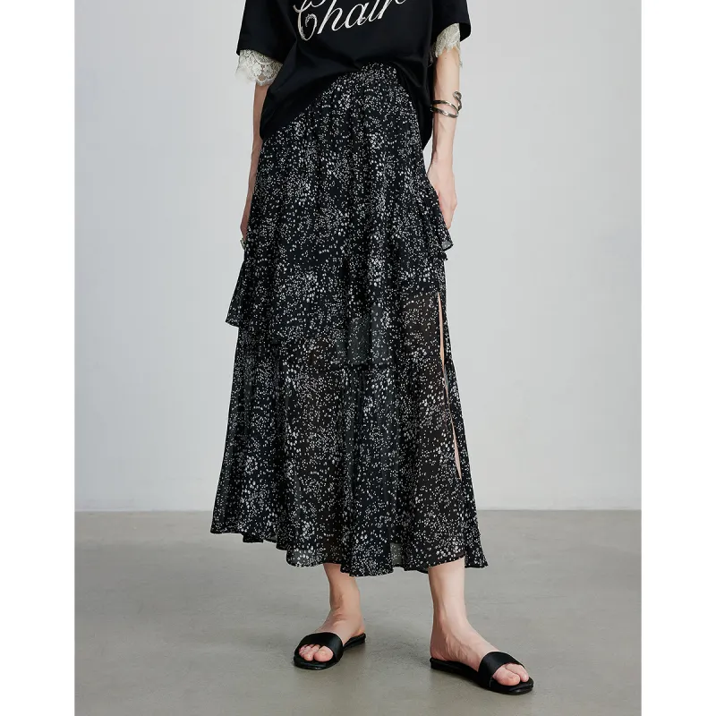Initial Language Casual Long Skirt Women's Black With White Floral-1