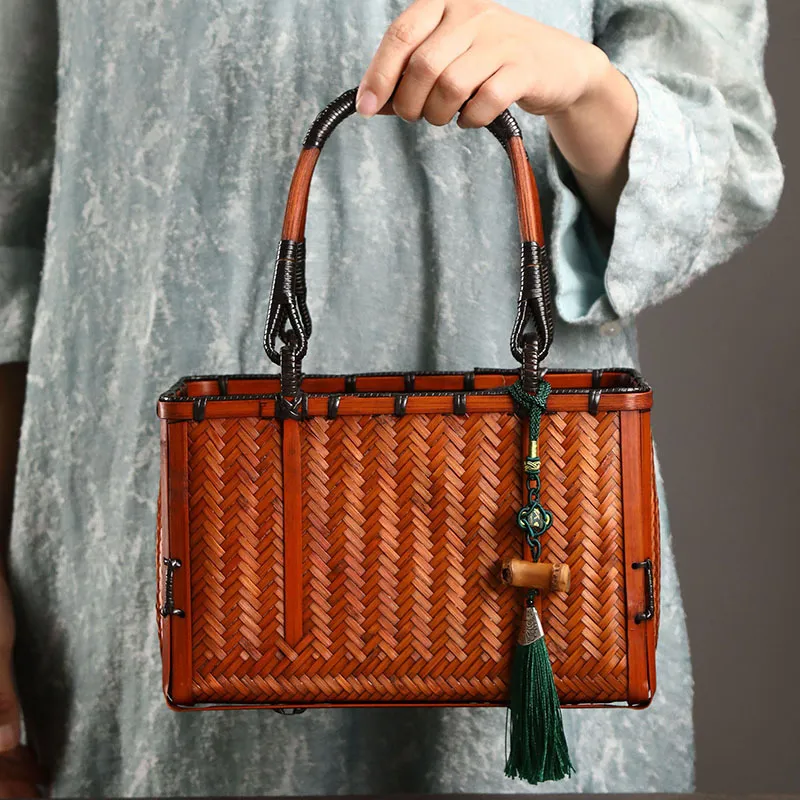Boniu Linen Patchwork With Bamboo Handbag Regular Unisex Brown-1
