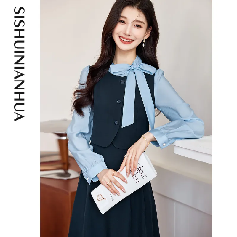 Like The Age Of Water Long Sleeved Dress Women's Navy Blue-1