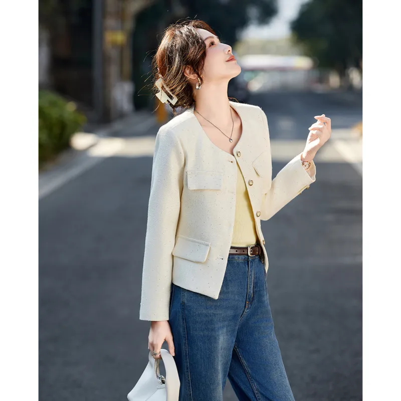 TERRE BLEUE Spring Fall Cropped Coats Loose Fit Women's Beige-4
