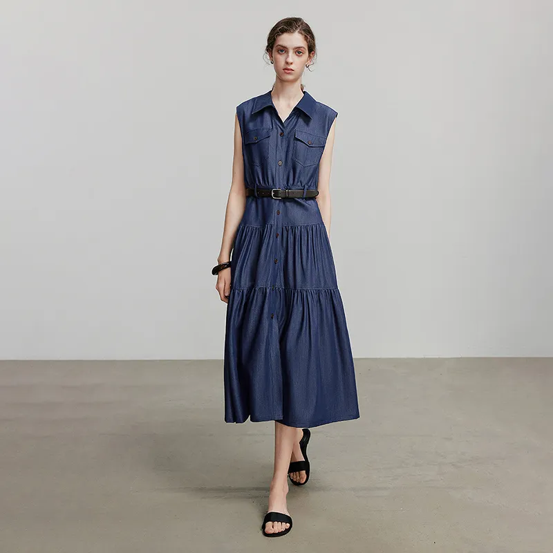 Initial Language Sleeveless Dress Women's Dark Denim Blue-4