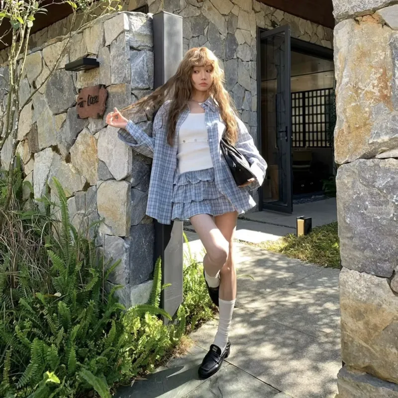 QYPRF Skirt Set Women's Blue Plaid-2