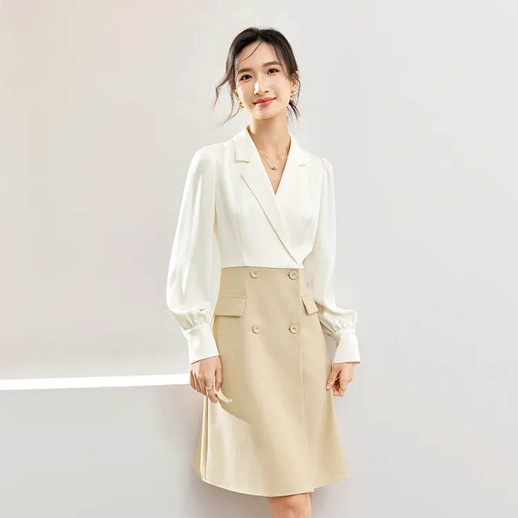 SENTUBILA Long Sleeved Dresses Women's White & Khaki-2