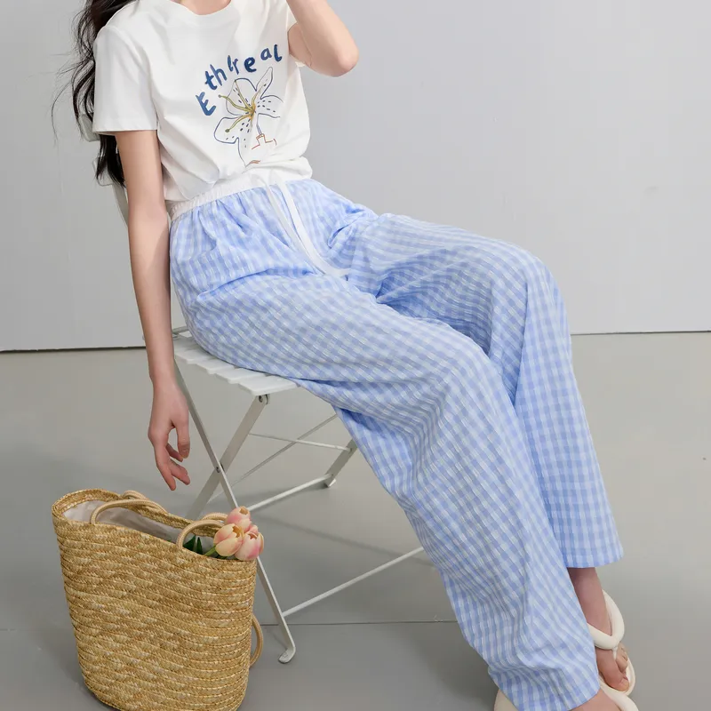 3COLOUR Casual Pants Women's Sky Blue Plaid-4