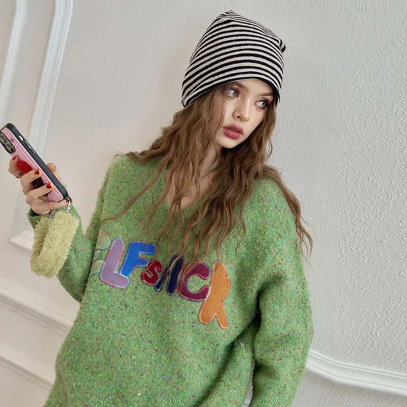 ELF SACK Multicolor Plush Letter Effortless Style Sweater Women's-18