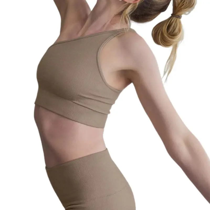 Alo Yoga Seamless Ribbed Asymmetric Shimmer Bra Tank Sport Vests Women's Sand-1