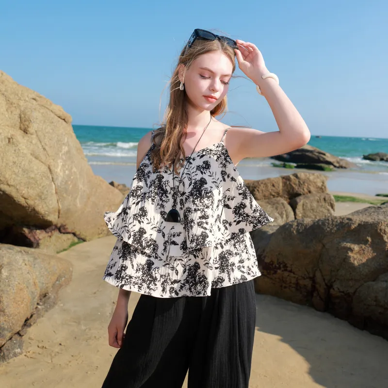 3COLOUR Chiffon Shirts Women's Black White Floral-3