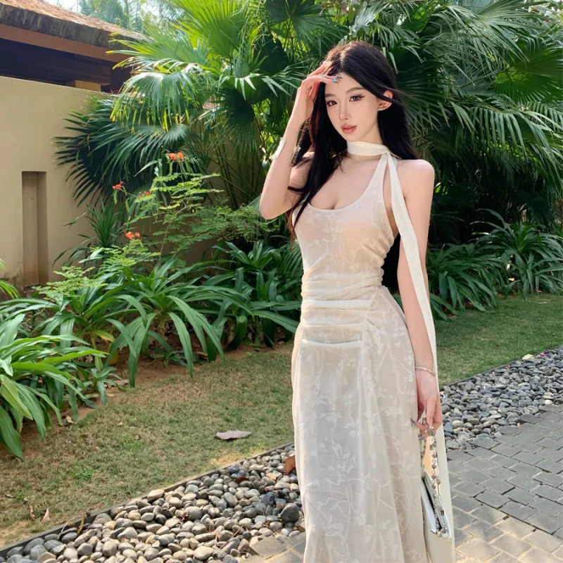 Flowers In Water Resort Style Halter Floral Layered Long Skirt Women's Image Color-4