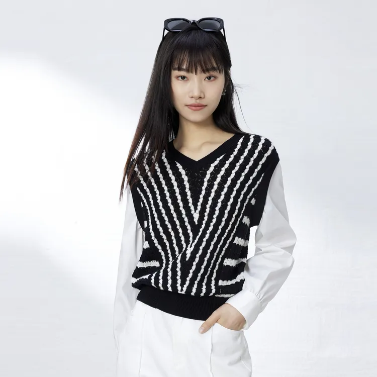 SHUIYUNJIAN Sweater Women's Black Stripes-2