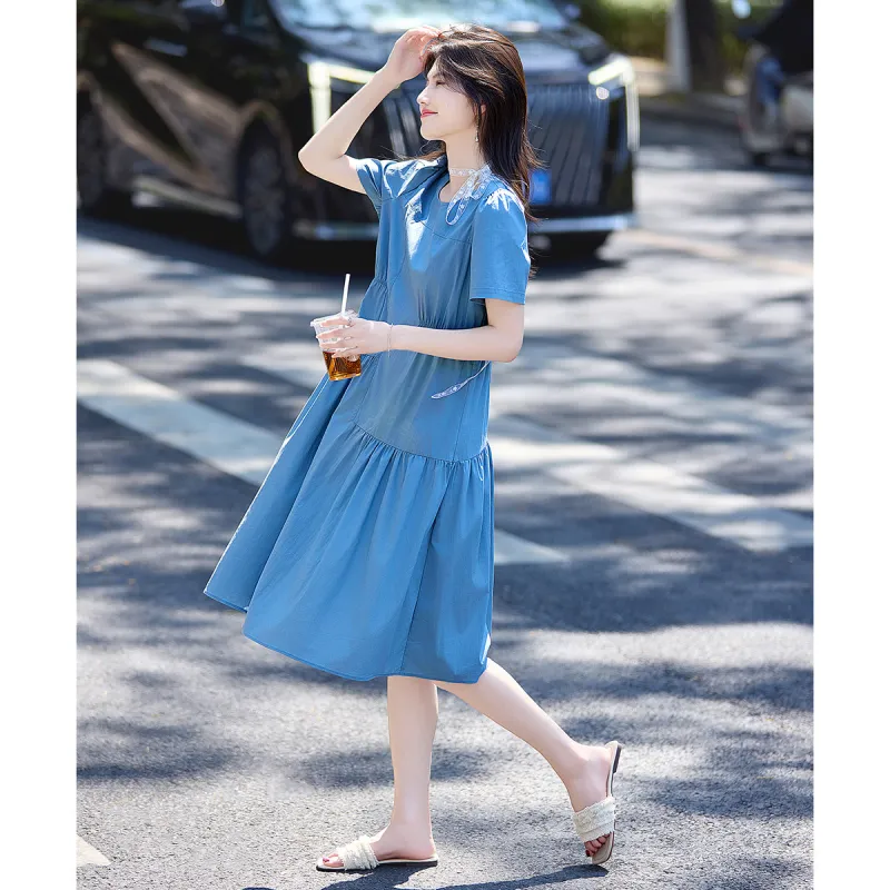 Still Quiet Short Sleeved Dress Women's Xizi Blue-3