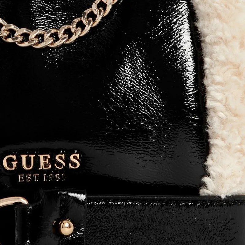 GUESS Artificial Leather Bucket Bag, Shoulder Bag Medium Size Women's Black White-6