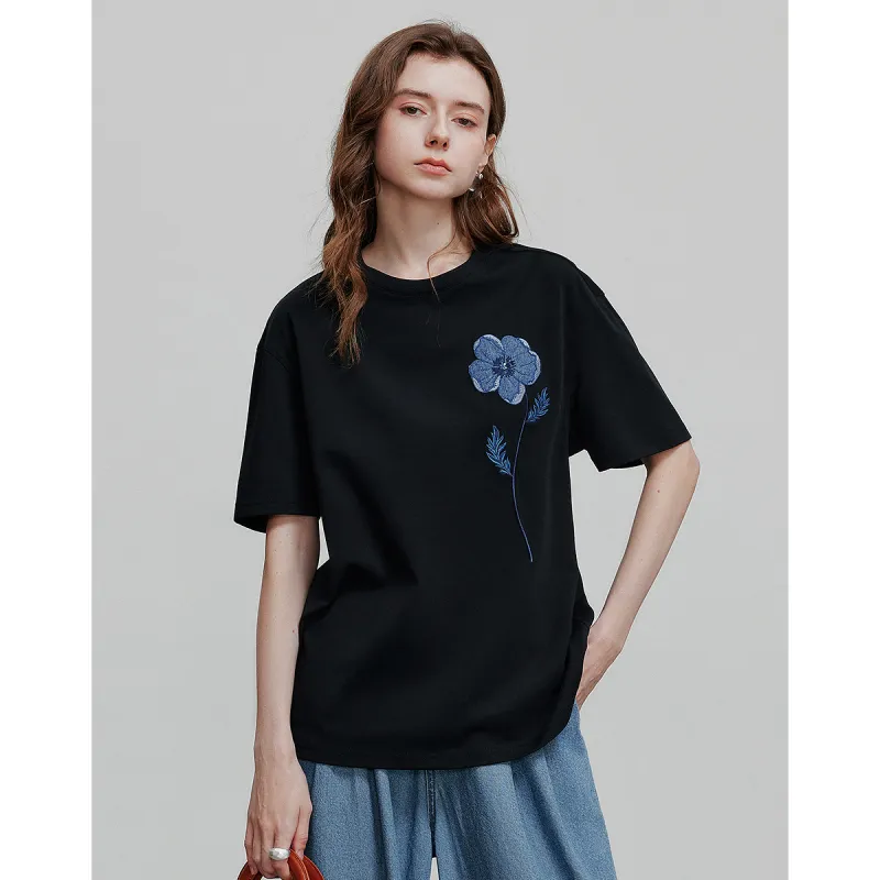 Initial Language Drop Shoulder Sleeve T Shirt Women's-2