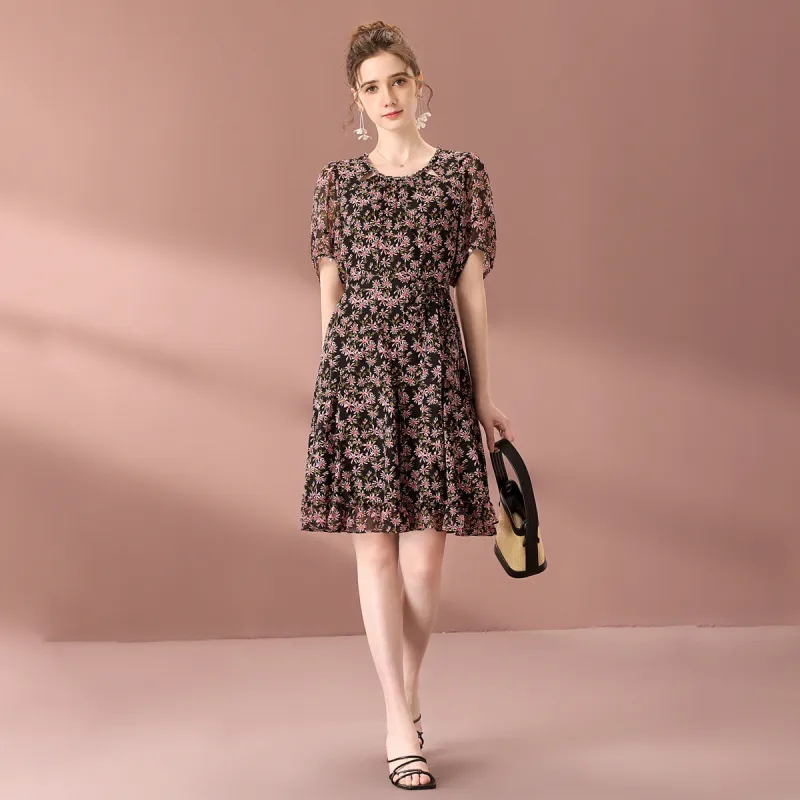 FENHONGMALI Summer Short Sleeved Dress Cinched Waist Women's Black-2