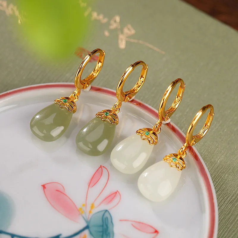 Royal Heaven's Choice Hetian Jade Earrings Pale Greenish White Jade Unisex-2