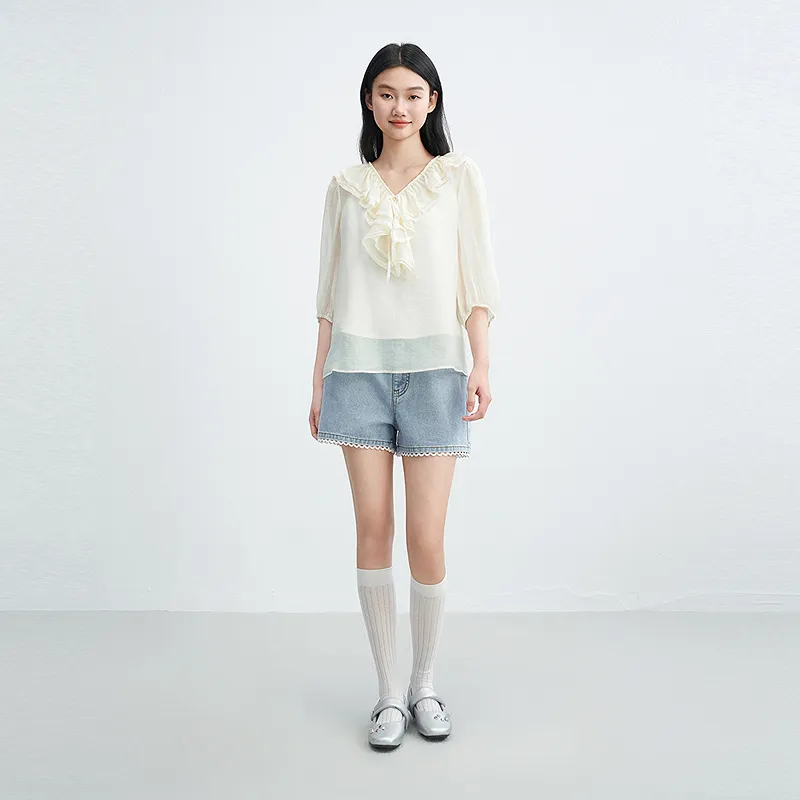LEDIN Chiffon Shirt Women's Mist White In Stock-3