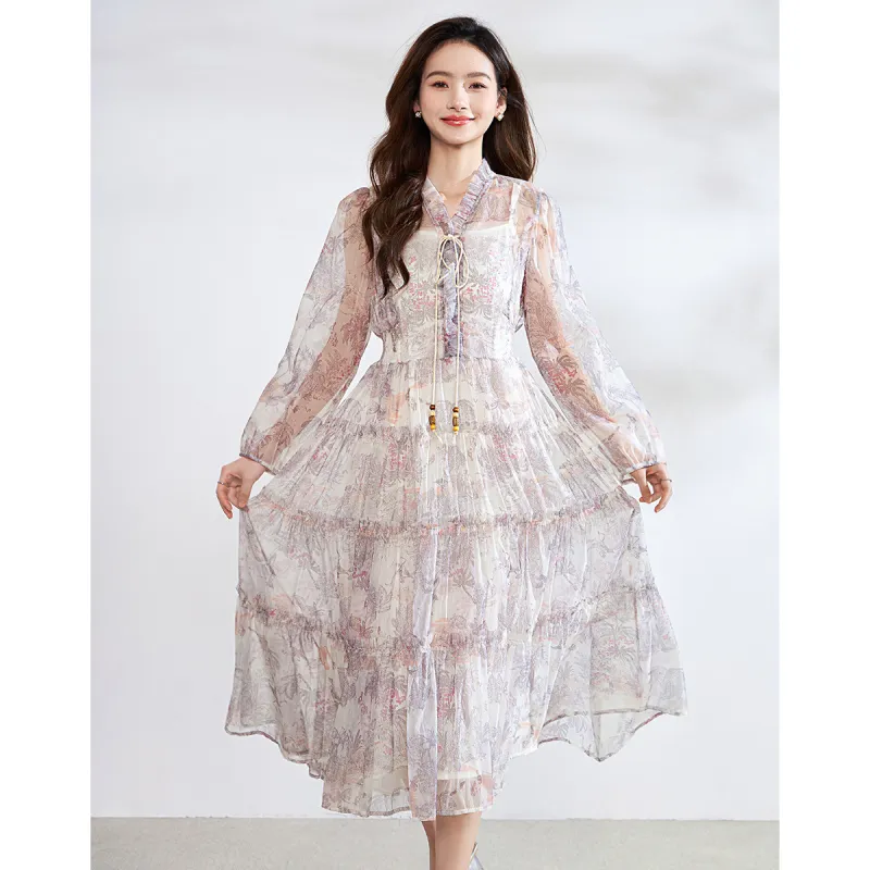 Love Elaine Long Sleeved Dress Women's Floating Clouds And Crane-1