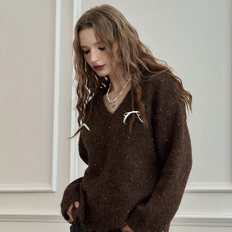 ELF SACK Fuzzy V Neck Pullover Sweater With Fine Sparkle Women's-4