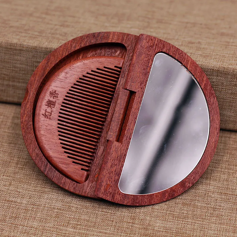 XIBI Peach Wood Red Sandalwood Flap Mirror Foldable Set With Comb And Makeup Mirror Portable And Decorative-5