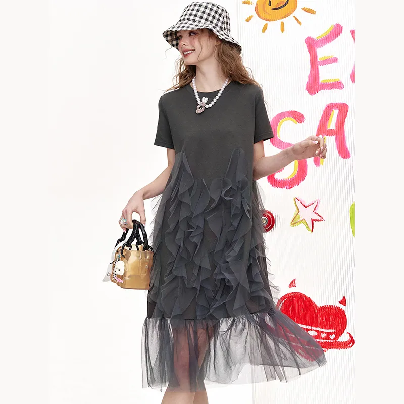 ELF SACK Short Sleeved Dress Women's Elegant Heather Gray-1