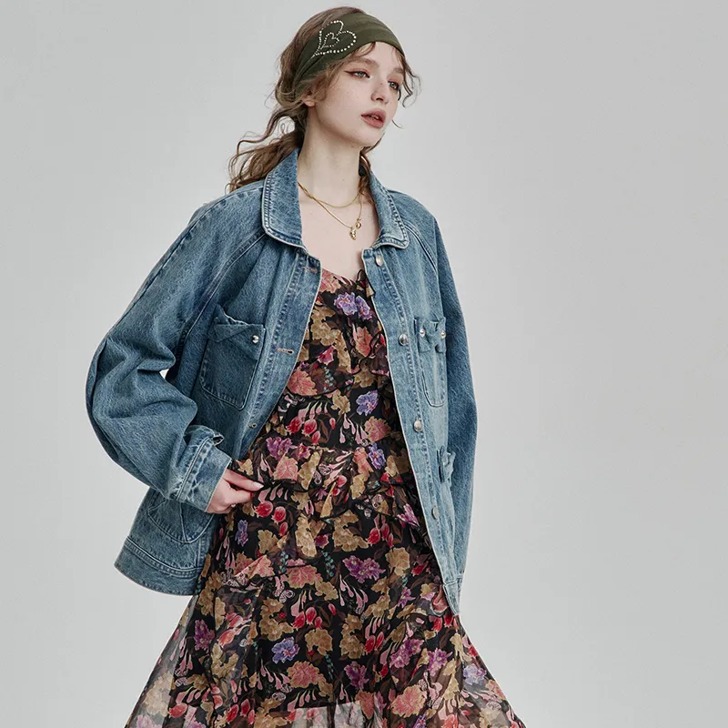 ELF SACK Denim Jacket Women's Washed Denim Blue-5