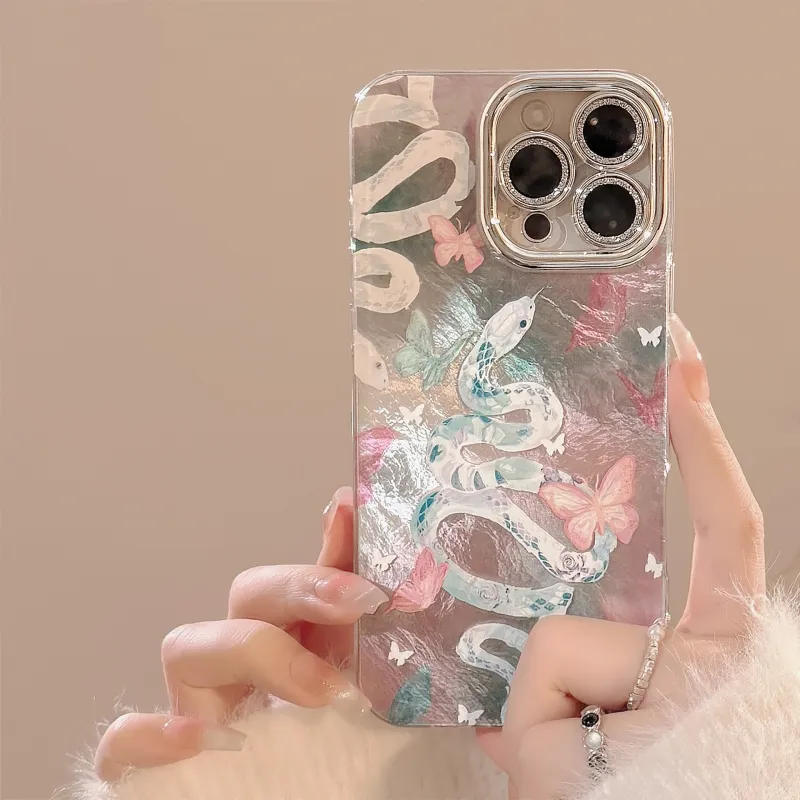QIZHENG TPU Material Destiny Snake Pink Butterfly Phone Case Compatible With Apple 16 Pro Max/15/14/13/12/11-5