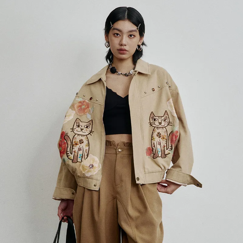 ELF SACK Cropped Coat Women's Cat Khaki-4