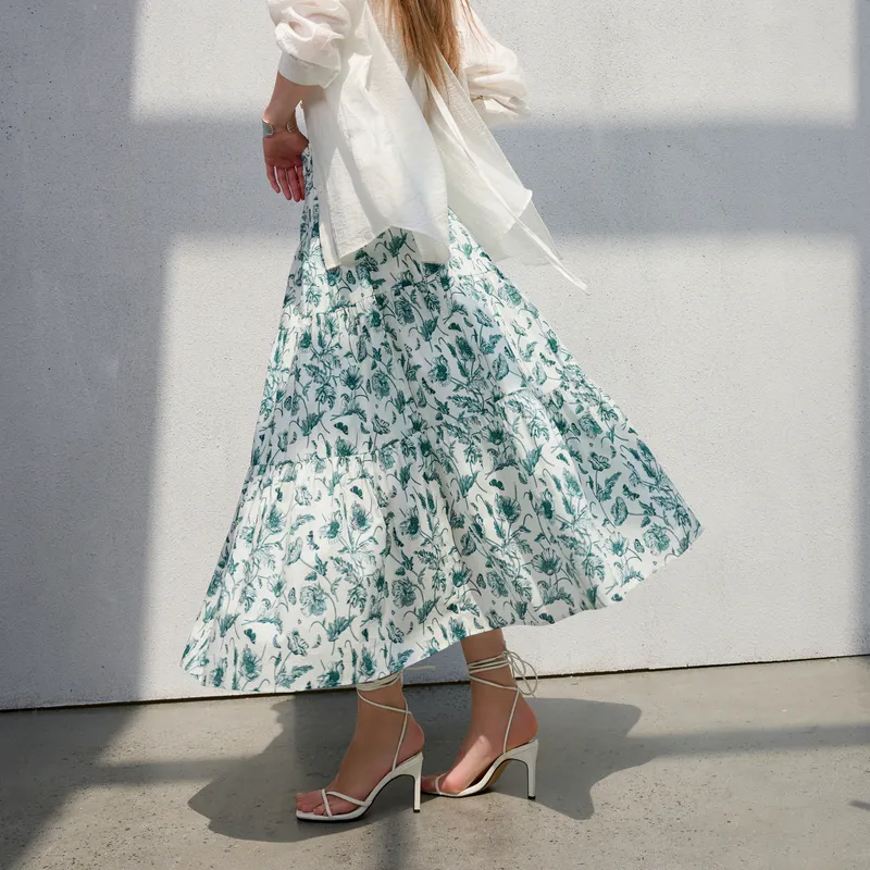 3COLOUR Casual Long Skirt Women's Green Beige Floral-6