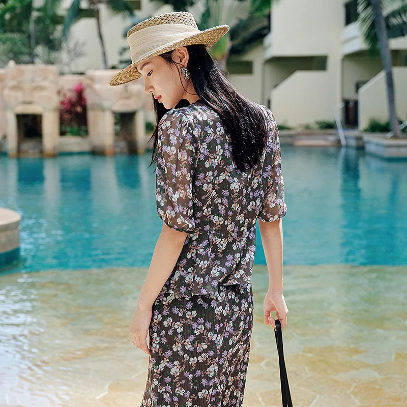 JZ. ANNAKRO Chiffon Shirt Women's Floral Coffee-3