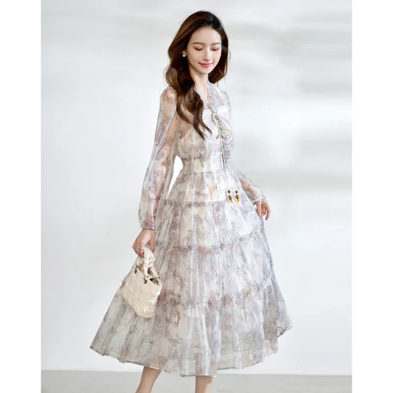 Love Elaine Long Sleeved Dress Women's Floating Clouds And Crane-0