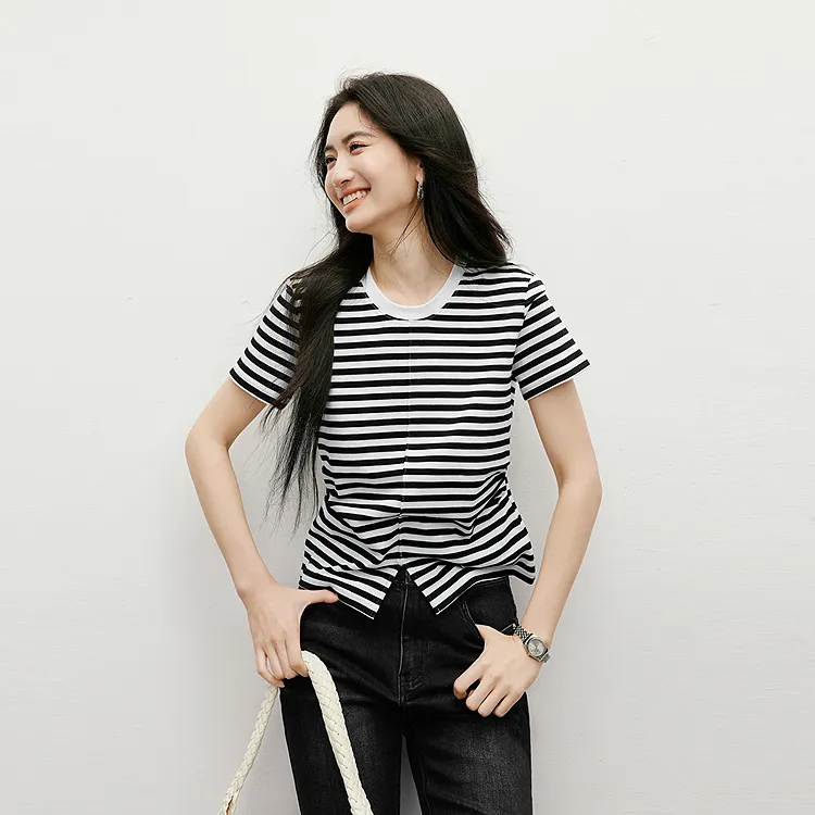 Hopeshow T Shirts Women's Black White Stripes 705-3
