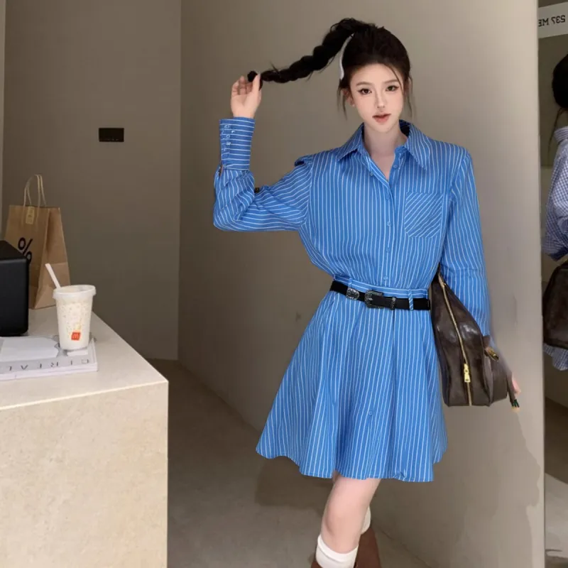 COMMA GIRL Long Sleeved Dress Women's Blue Stripes-2